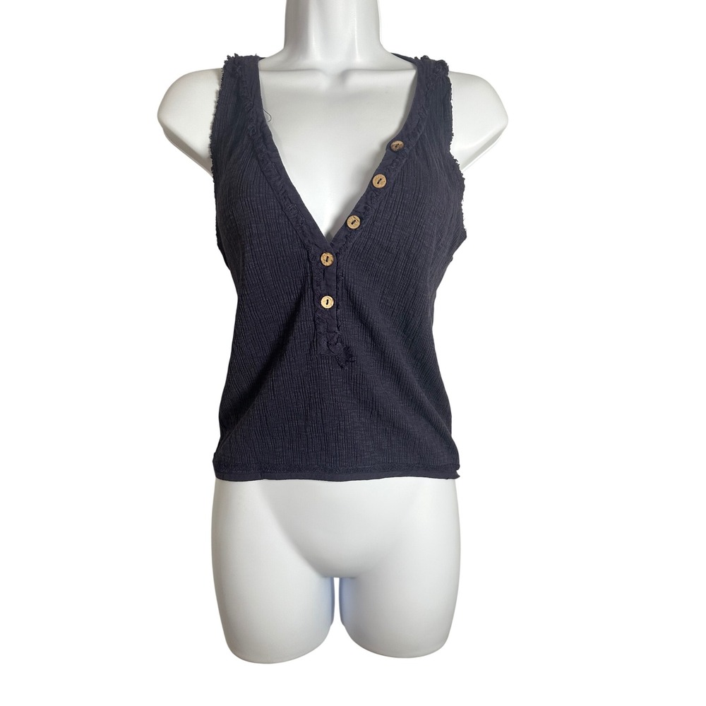 Daily Practice Anthropologie Purple Ribbed Henley Tank Top Frayed Trim Size M